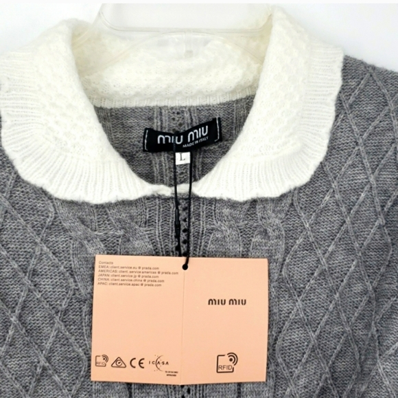 Miu Miu Gray Cropped Cable Knit Sweater Long Sleeve White Peter Pan Collar L - Picture 2 of 13